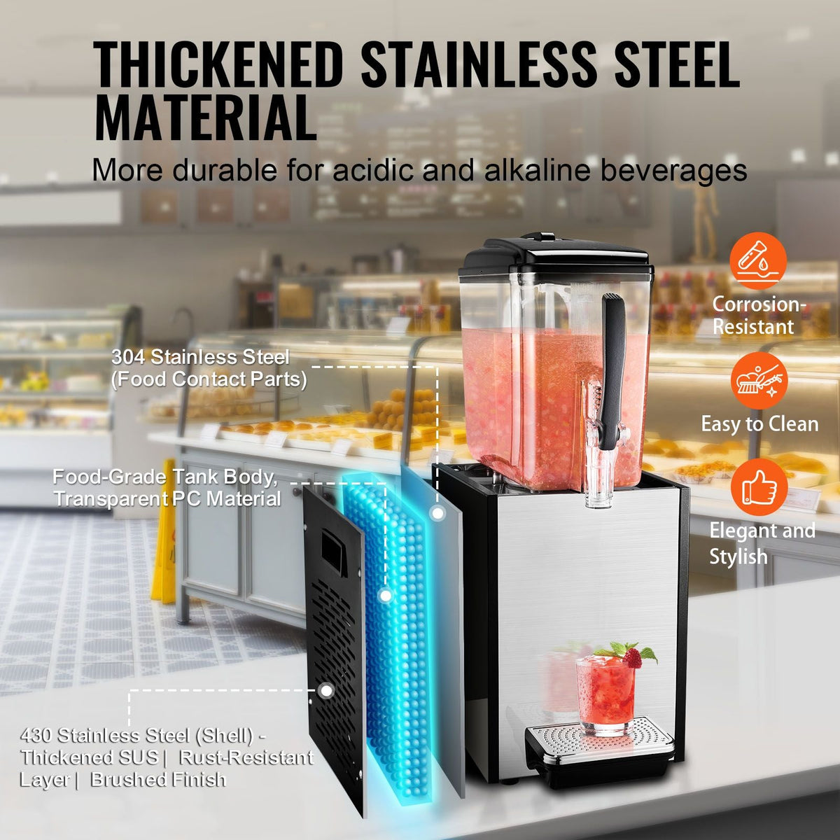 Commercial Beverage Dispenser, 12 L / 12.7 QT Juice Dispenser, 246W 304 Stainless Steel Food Grade Ice Tea Drink Machine with 45 Fahrenheit -54 Fahrenheit Cooling Temperature