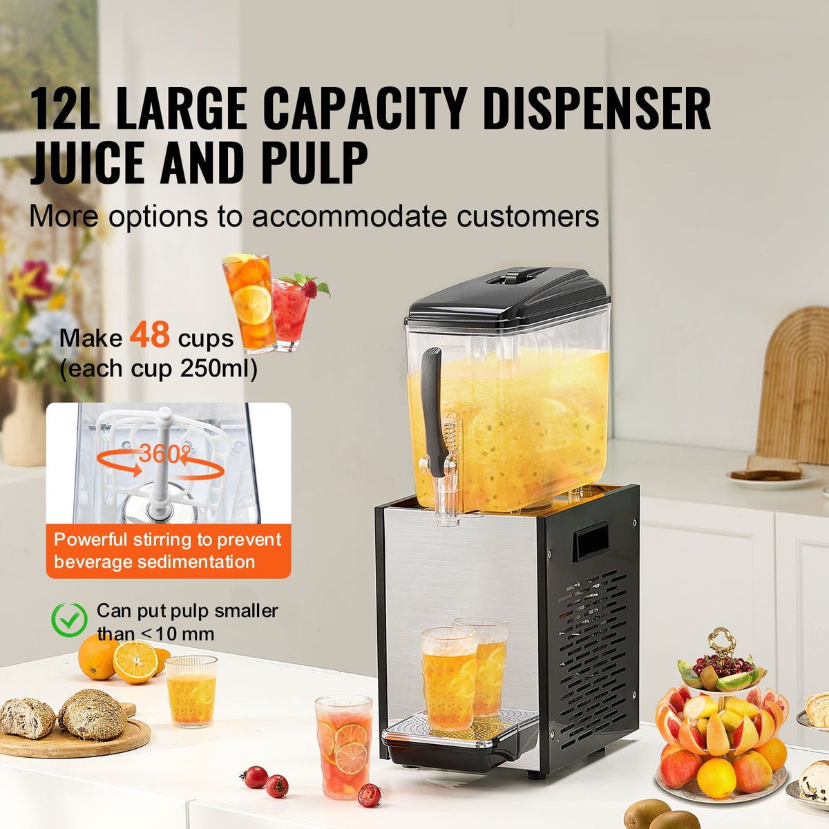 Commercial Beverage Dispenser, 12 L / 12.7 QT Juice Dispenser, 246W 304 Stainless Steel Food Grade Ice Tea Drink Machine with 45 Fahrenheit -54 Fahrenheit Cooling Temperature