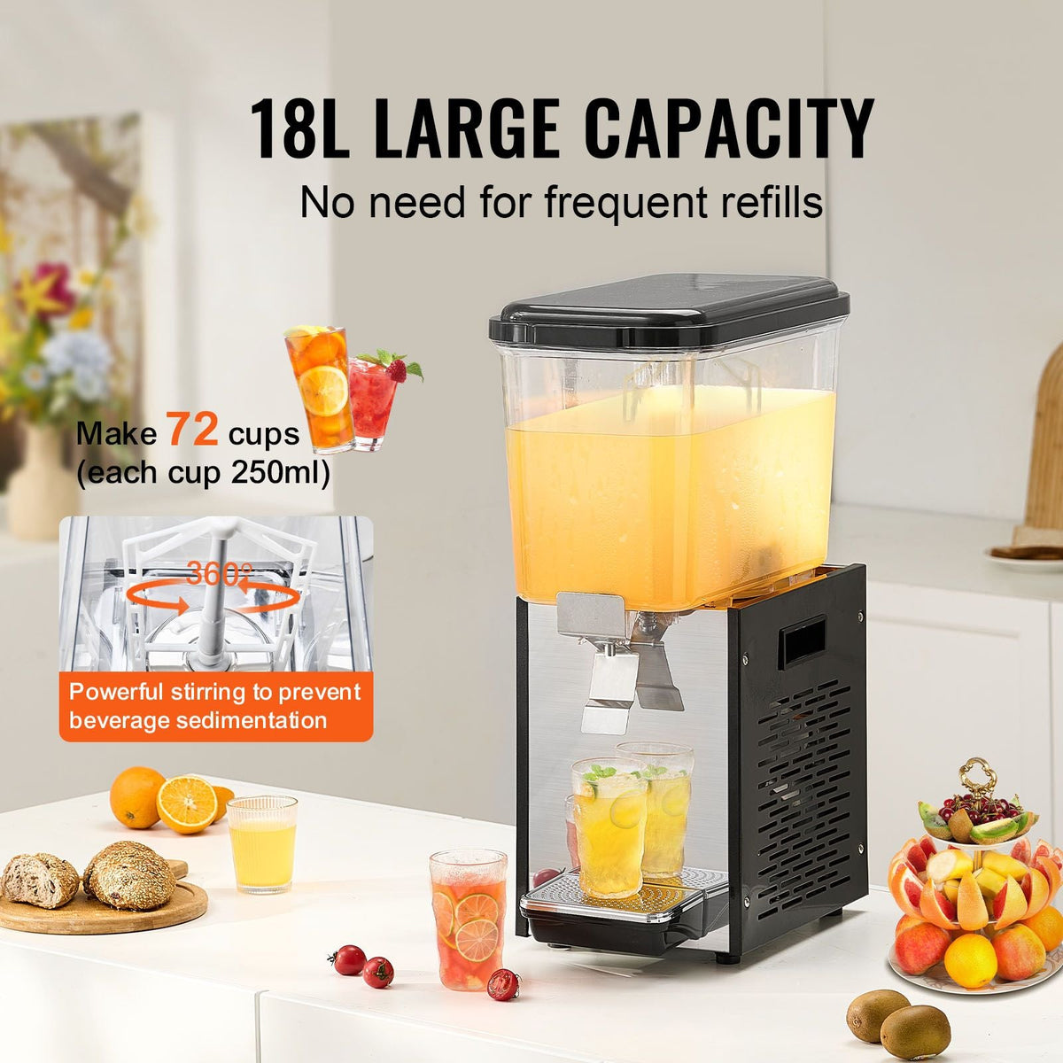 Commercial Beverage Dispenser, 18 L / 19 QT Juice Dispenser, 300W 304 Stainless Steel Food Grade Ice Tea Drink Machine with 45 Fahrenheit -54 Fahrenheit Cooling Temperature