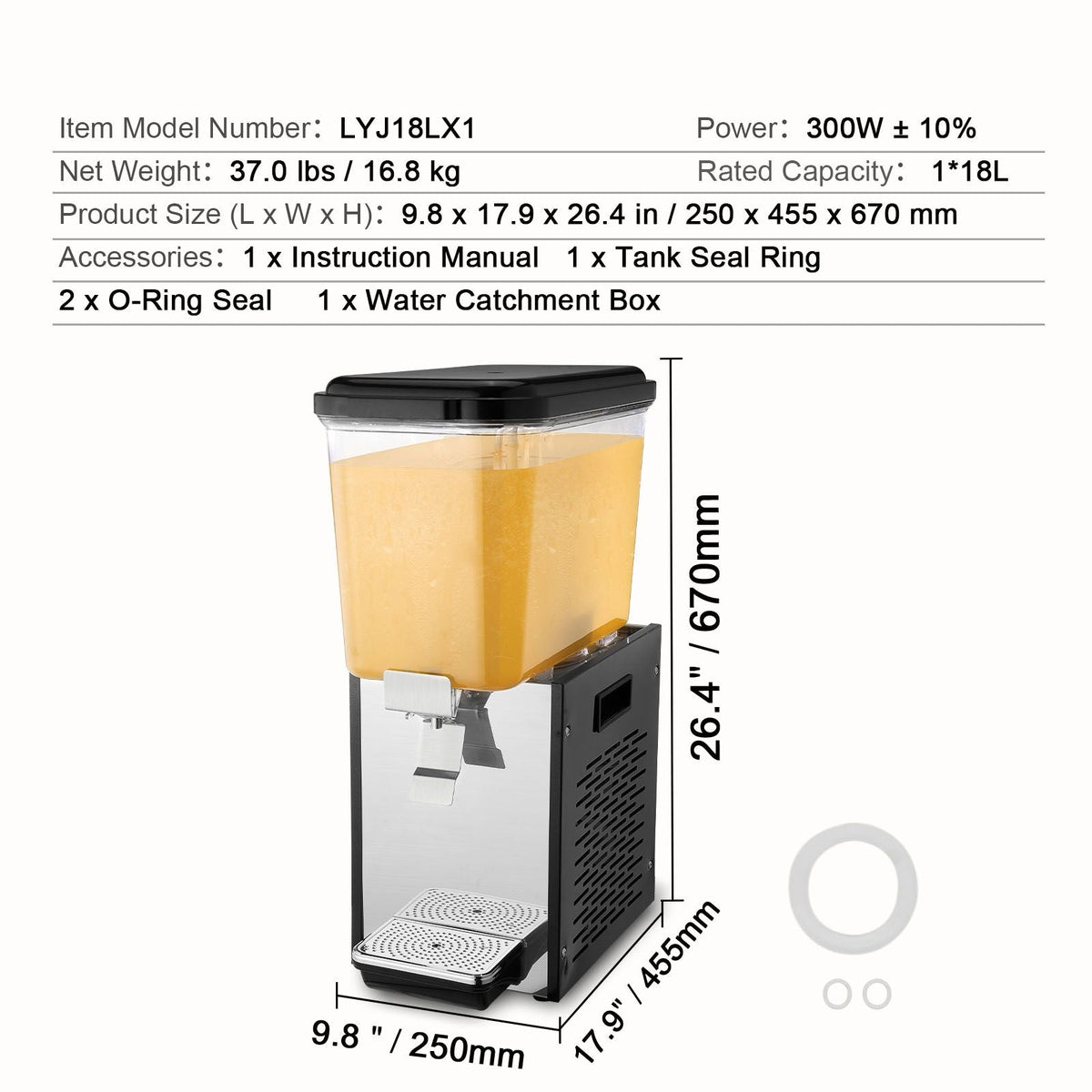 Commercial Beverage Dispenser, 18 L / 19 QT Juice Dispenser, 300W 304 Stainless Steel Food Grade Ice Tea Drink Machine with 45 Fahrenheit -54 Fahrenheit Cooling Temperature