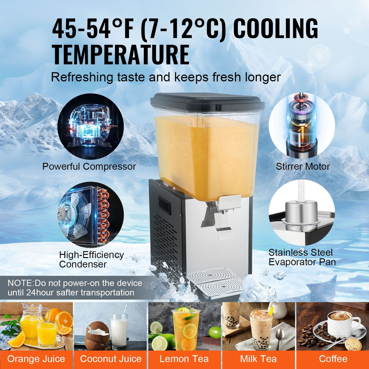 Commercial Beverage Dispenser, 18 L / 19 QT Juice Dispenser, 300W 304 Stainless Steel Food Grade Ice Tea Drink Machine with 45 Fahrenheit -54 Fahrenheit Cooling Temperature
