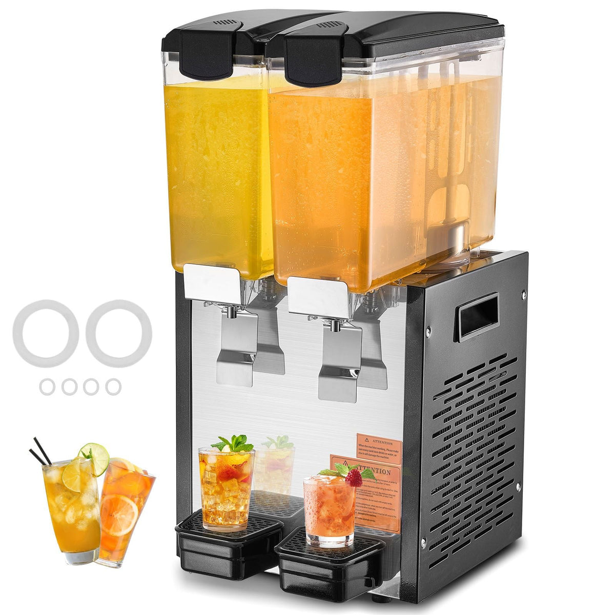 Commercial Beverage Dispenser, 2 Tanks 10 L / 10.6 QT Per Tank Juice Dispenser, 270W Stainless Steel Ice Tea Drink Machine with 45 Fahrenheit -54 Fahrenheit Cooling Temperature
