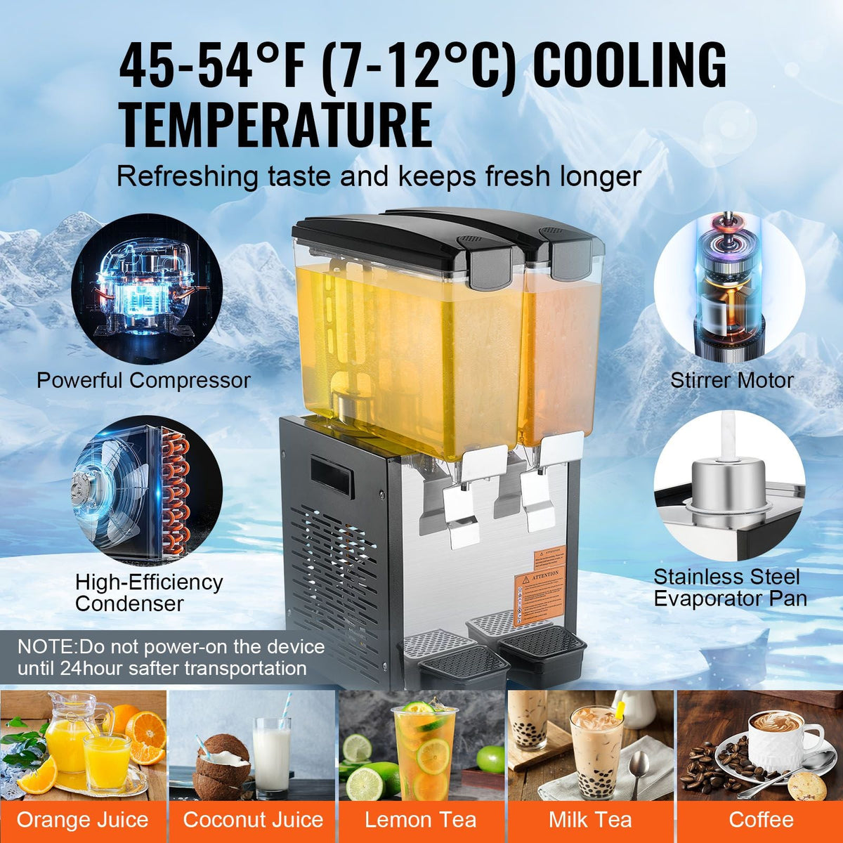 Commercial Beverage Dispenser, 2 Tanks 10 L / 10.6 QT Per Tank Juice Dispenser, 270W Stainless Steel Ice Tea Drink Machine with 45 Fahrenheit -54 Fahrenheit Cooling Temperature