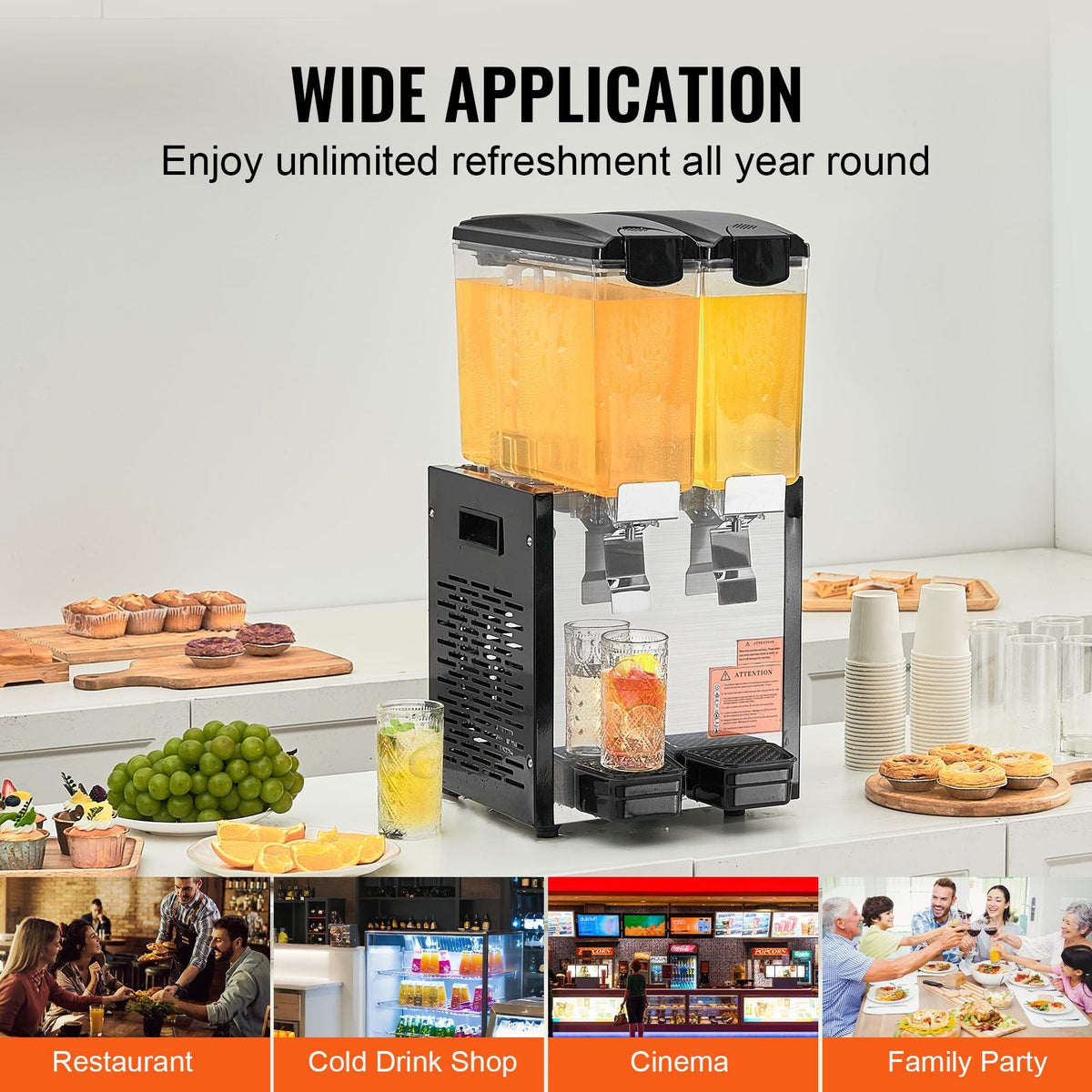 Commercial Beverage Dispenser, 2 Tanks 10 L / 10.6 QT Per Tank Juice Dispenser, 270W Stainless Steel Ice Tea Drink Machine with 45 Fahrenheit -54 Fahrenheit Cooling Temperature