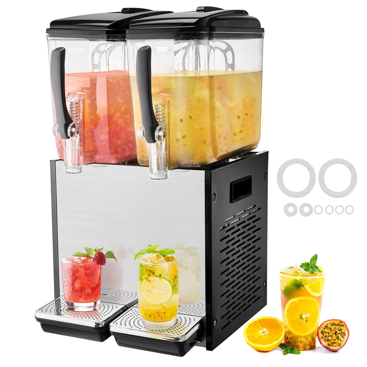 Commercial Beverage Dispenser, 2 Tanks 12 L / 12.7 QT Per Tank Juice Dispenser, 286W Stainless Steel Ice Tea Drink Machine with 45 Fahrenheit -54 Fahrenheit Cooling Temperature