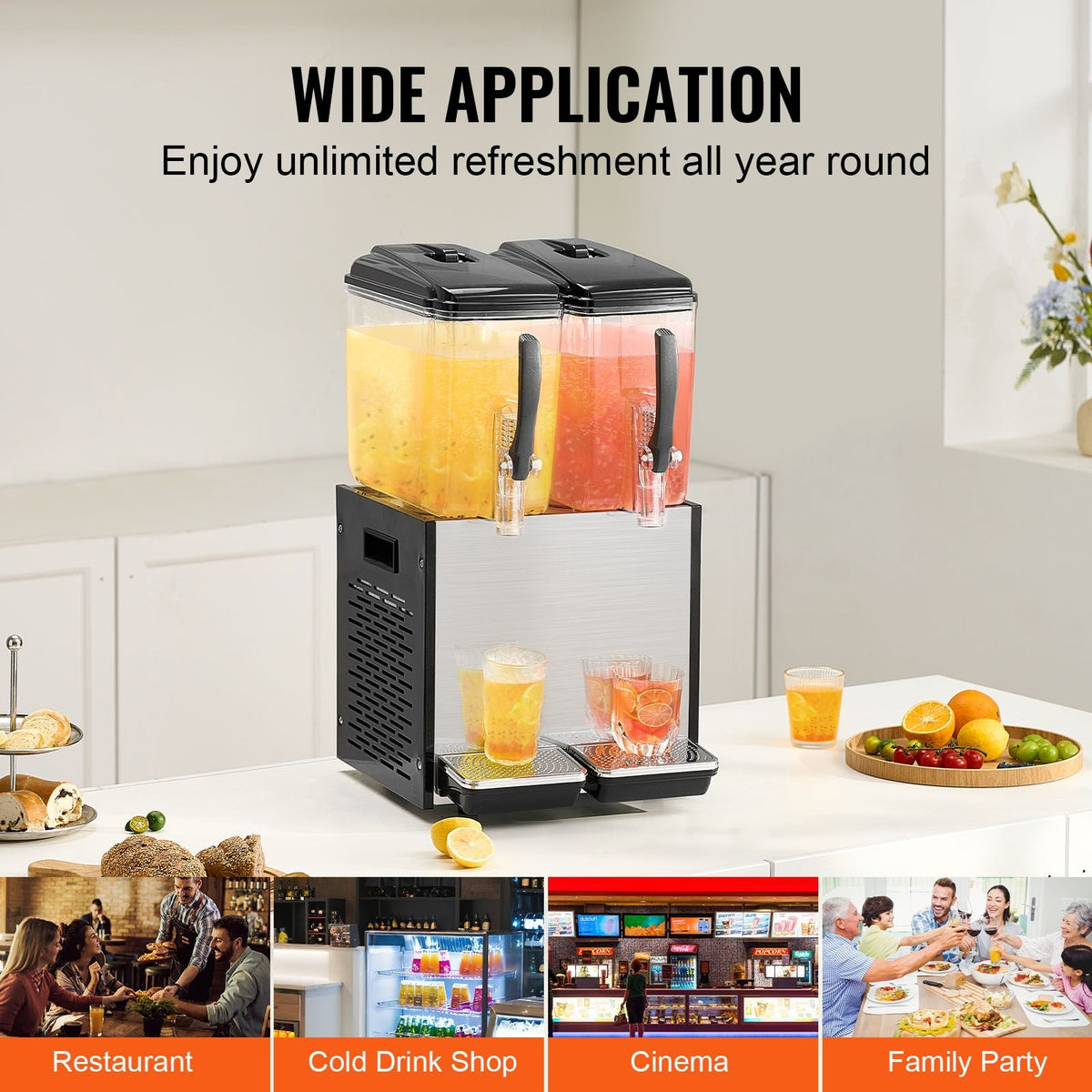 Commercial Beverage Dispenser, 2 Tanks 12 L / 12.7 QT Per Tank Juice Dispenser, 286W Stainless Steel Ice Tea Drink Machine with 45 Fahrenheit -54 Fahrenheit Cooling Temperature