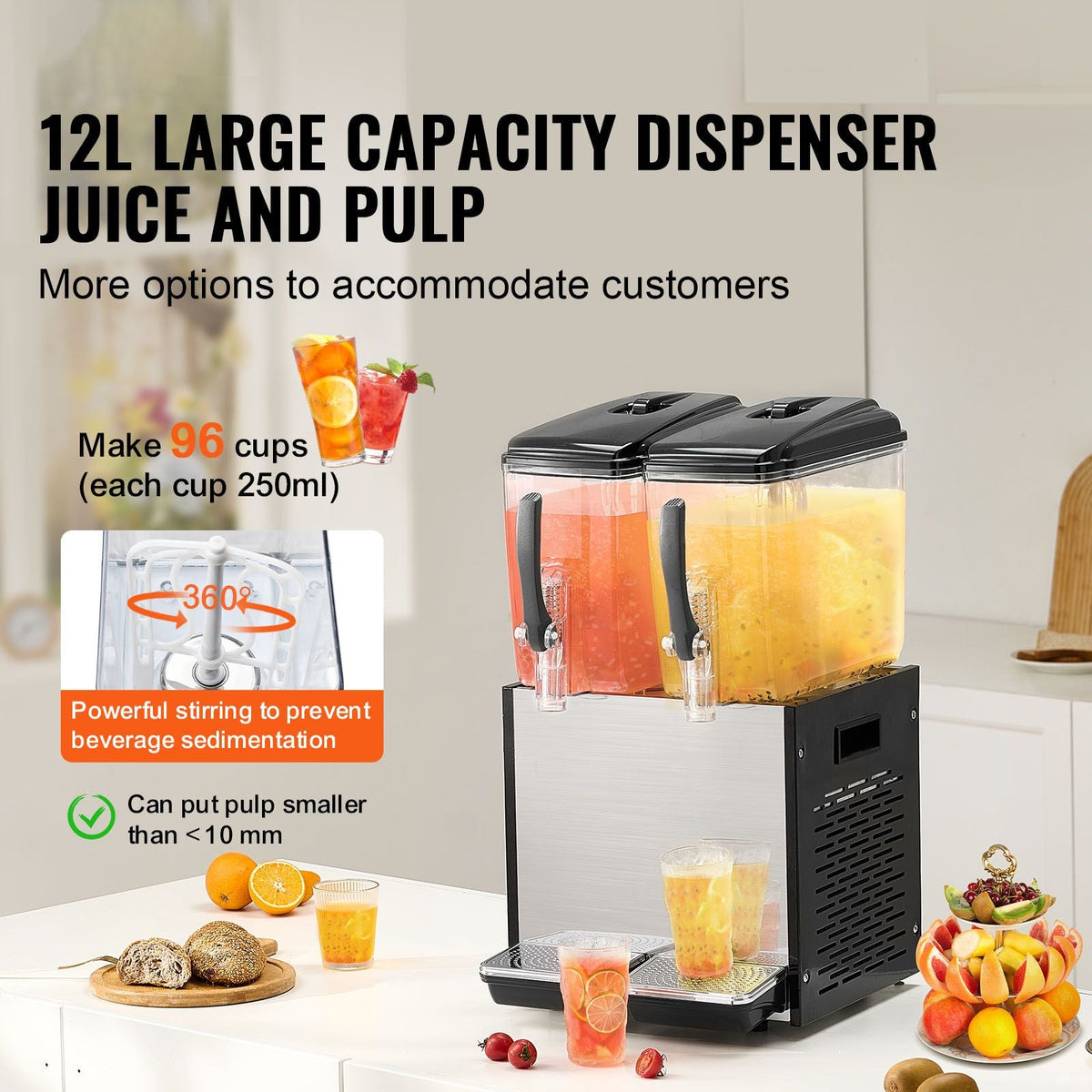 Commercial Beverage Dispenser, 2 Tanks 12 L / 12.7 QT Per Tank Juice Dispenser, 286W Stainless Steel Ice Tea Drink Machine with 45 Fahrenheit -54 Fahrenheit Cooling Temperature