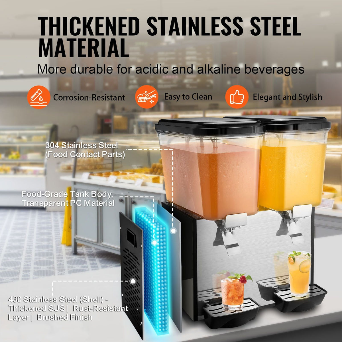 Commercial Beverage Dispenser, 2 Tanks 18 L / 19 QT Per Tank Juice Dispenser, 370W Stainless Steel Ice Tea Drink Machine with 45 Fahrenheit -54 Fahrenheit Cooling Temperature