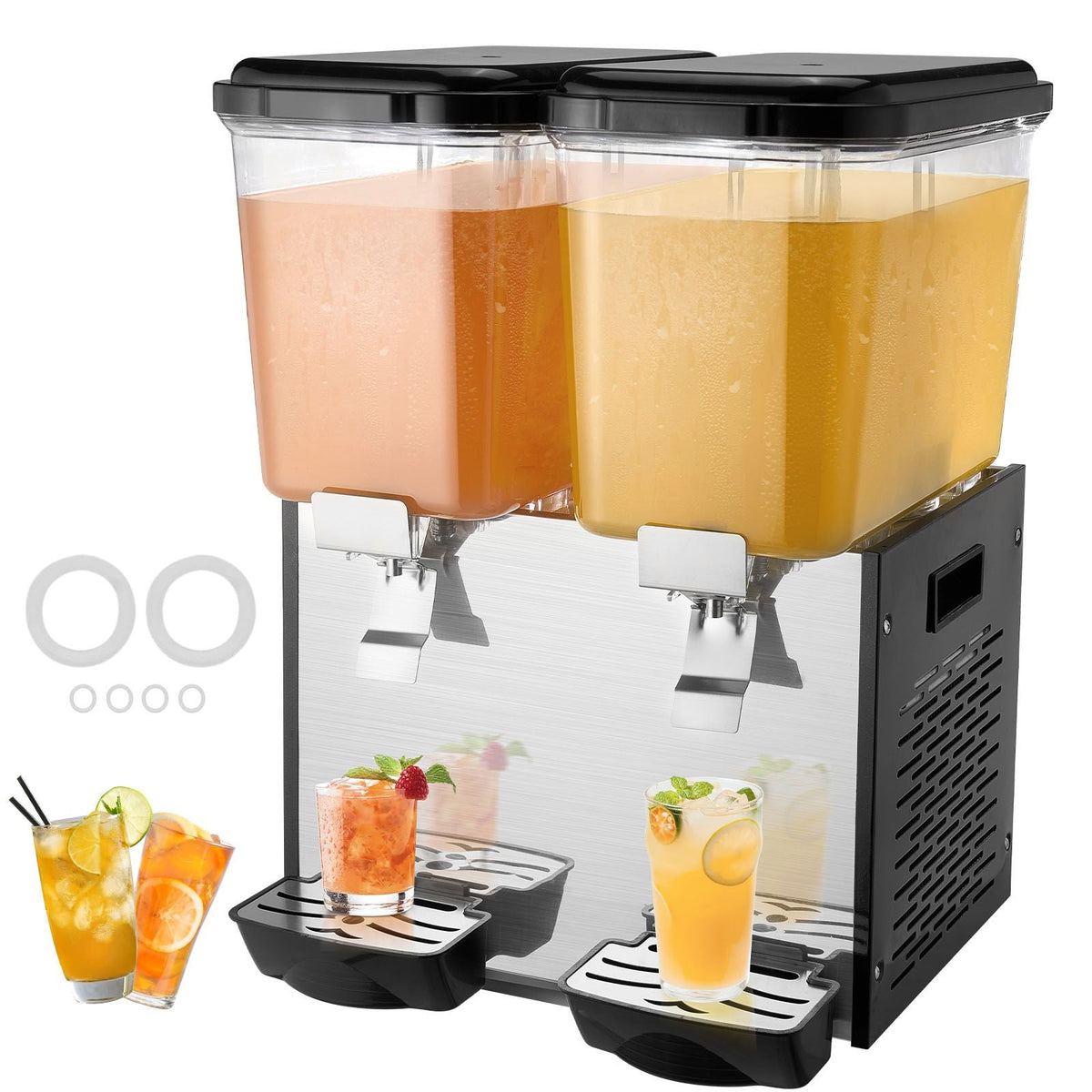 Commercial Beverage Dispenser, 2 Tanks 18 L / 19 QT Per Tank Juice Dispenser, 370W Stainless Steel Ice Tea Drink Machine with 45 Fahrenheit -54 Fahrenheit Cooling Temperature