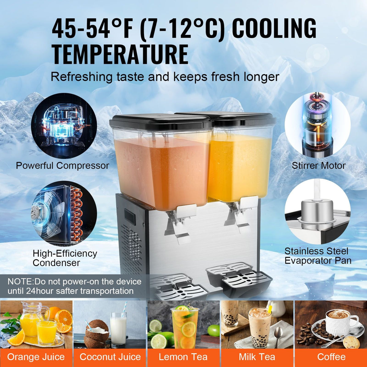 Commercial Beverage Dispenser, 2 Tanks 18 L / 19 QT Per Tank Juice Dispenser, 370W Stainless Steel Ice Tea Drink Machine with 45 Fahrenheit -54 Fahrenheit Cooling Temperature