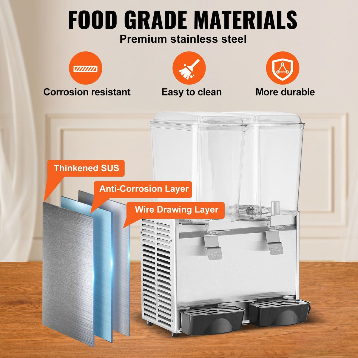 Commercial Beverage Dispenser, 20.4 Qt 18L 2 Tanks Ice Tea Drink Machine, 590W 304 Stainless Steel Juice Dispenser with 41-53.6 F Thermostat Controller, for Cold Drink Restaurant Hotel Party