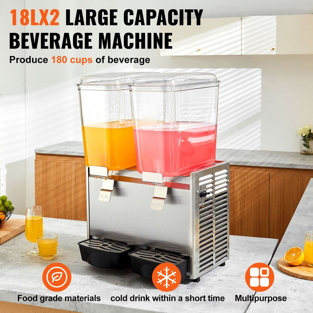 Commercial Beverage Dispenser, 20.4 Qt 18L 2 Tanks Ice Tea Drink Machine, 590W 304 Stainless Steel Juice Dispenser with 41-53.6 F Thermostat Controller, for Cold Drink Restaurant Hotel Party