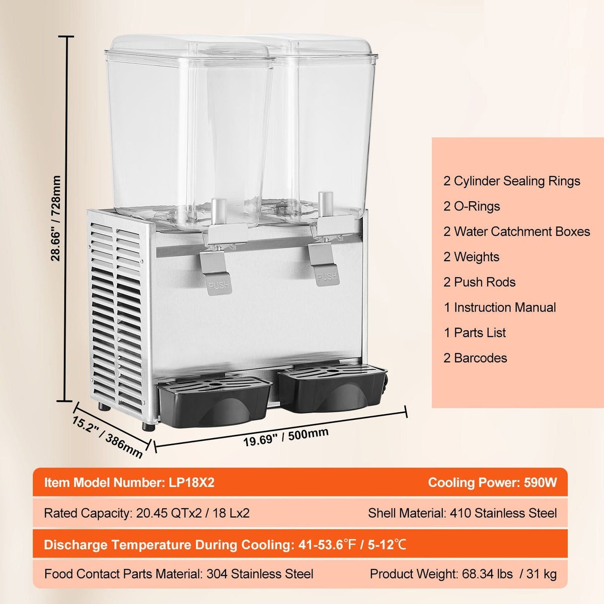 Commercial Beverage Dispenser, 20.4 Qt 18L 2 Tanks Ice Tea Drink Machine, 590W 304 Stainless Steel Juice Dispenser with 41-53.6 F Thermostat Controller, for Cold Drink Restaurant Hotel Party
