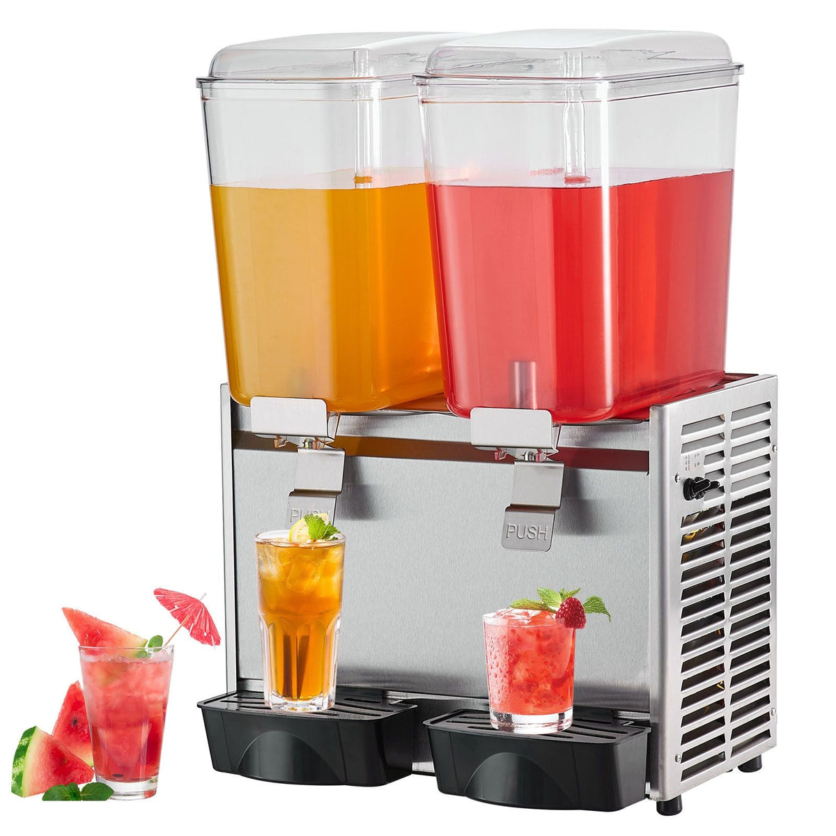 Commercial Beverage Dispenser, 20.4 Qt 18L 2 Tanks Ice Tea Drink Machine, 590W 304 Stainless Steel Juice Dispenser with 41-53.6 F Thermostat Controller, for Cold Drink Restaurant Hotel Party