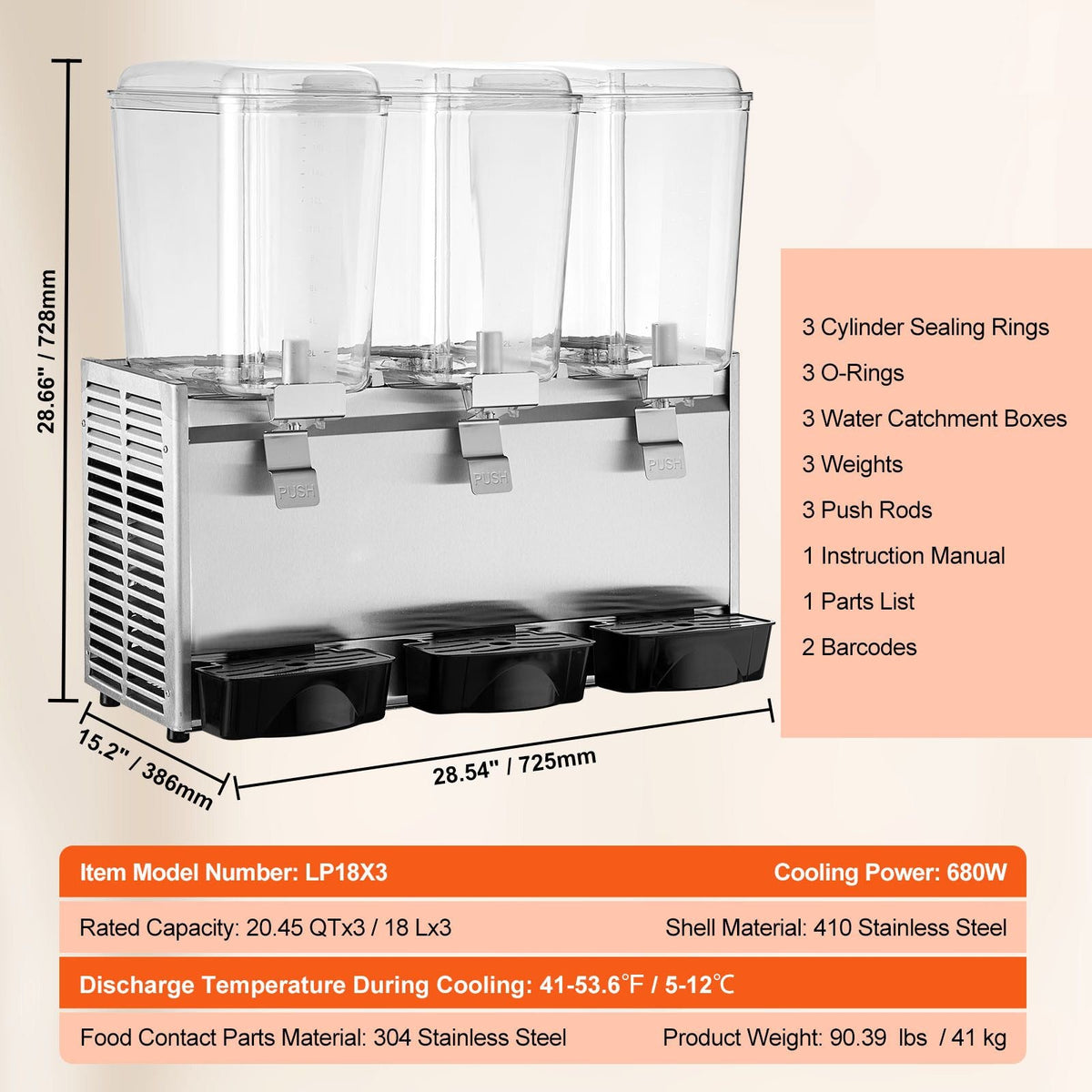 Commercial Beverage Dispenser, 20.4 Qt 18L 3 Tanks Ice Tea Drink Machine, 680W 304 Stainless Steel Juice Dispenser with 41-53.6Fahrenheit Thermostat Controller, for Cold Drink Restaurant Hotel