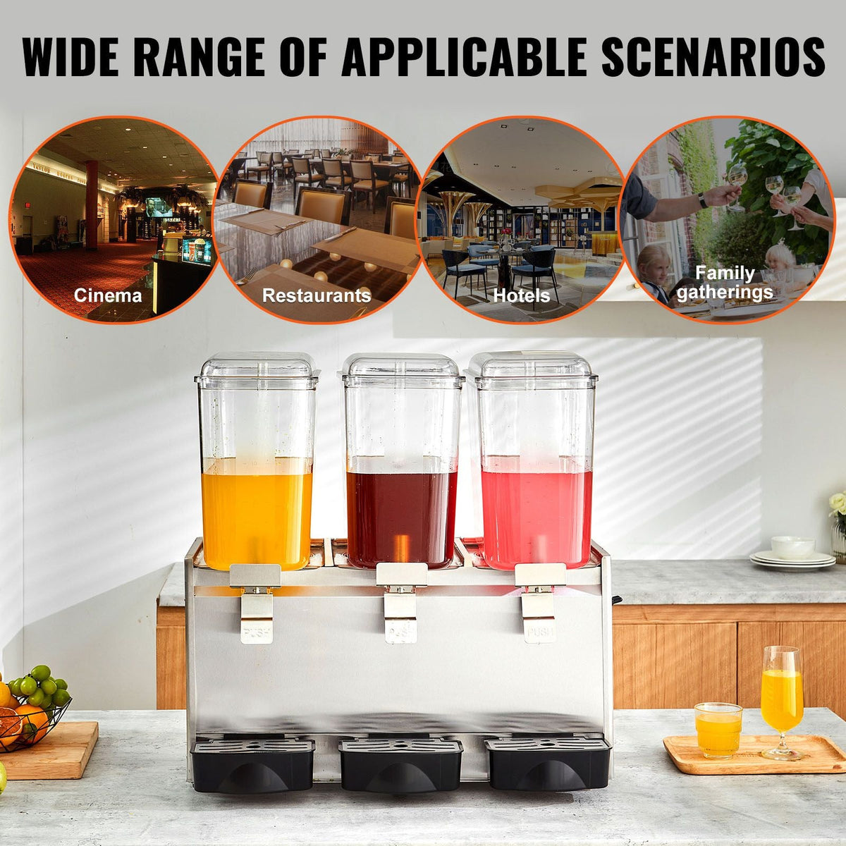 Commercial Beverage Dispenser, 20.4 Qt 18L 3 Tanks Ice Tea Drink Machine, 680W 304 Stainless Steel Juice Dispenser with 41-53.6Fahrenheit Thermostat Controller, for Cold Drink Restaurant Hotel