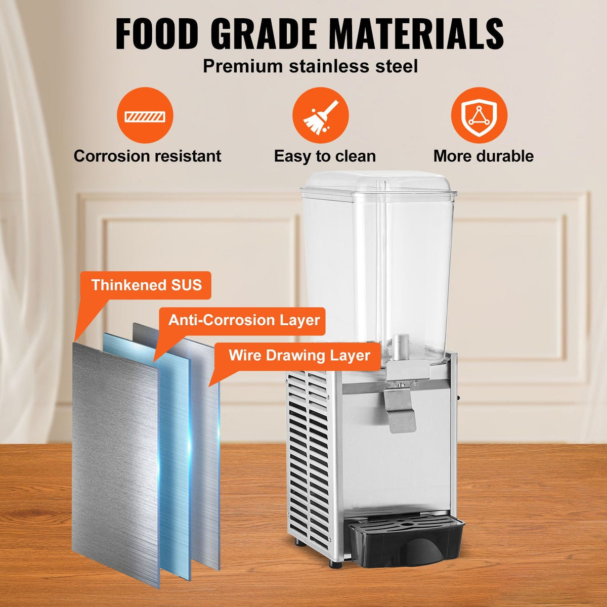 Commercial Beverage Dispenser, 20.4 Qt 18L Single Tank Ice Tea Drink Machine, 325W 304 Stainless Steel Juice Dispenser with 41-53.6 F Thermostat Controller, for Cold Drink Restaurant Hotel Party