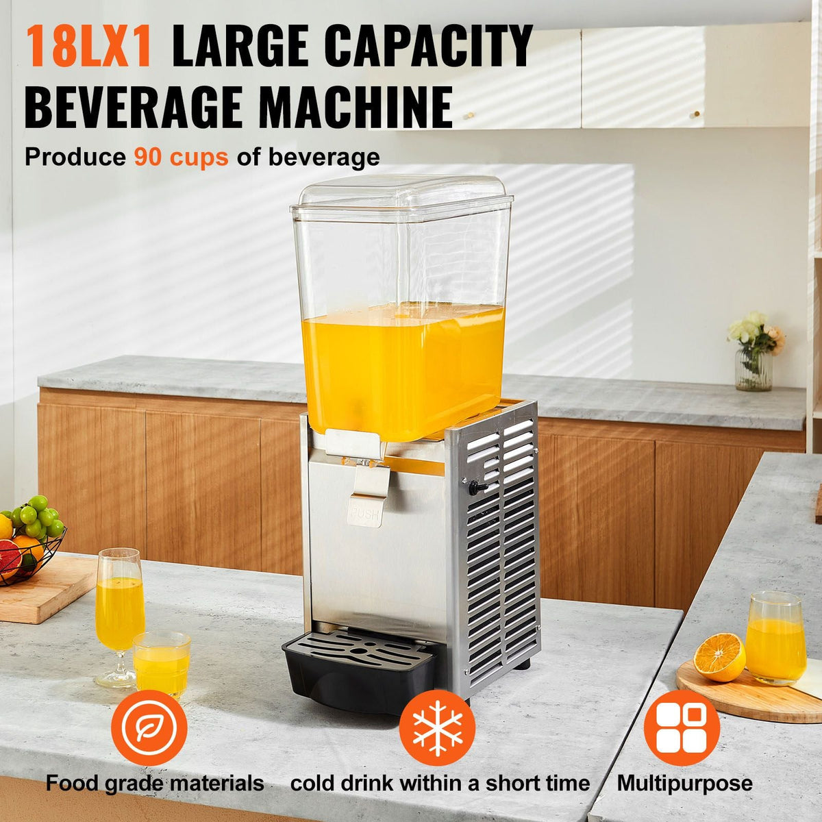 Commercial Beverage Dispenser, 20.4 Qt 18L Single Tank Ice Tea Drink Machine, 325W 304 Stainless Steel Juice Dispenser with 41-53.6 F Thermostat Controller, for Cold Drink Restaurant Hotel Party