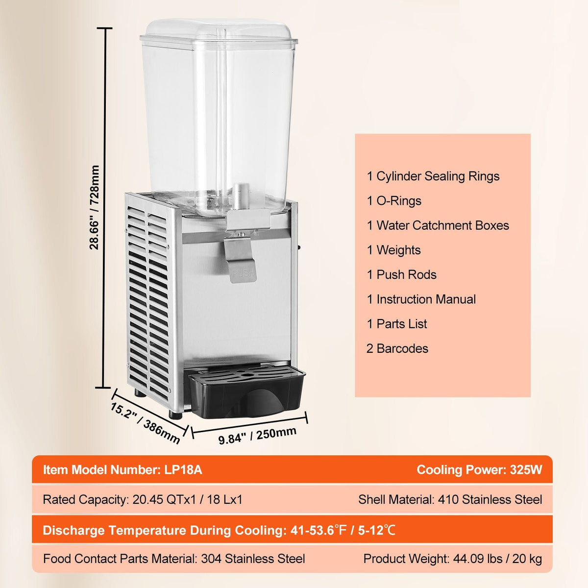 Commercial Beverage Dispenser, 20.4 Qt 18L Single Tank Ice Tea Drink Machine, 325W 304 Stainless Steel Juice Dispenser with 41-53.6 F Thermostat Controller, for Cold Drink Restaurant Hotel Party