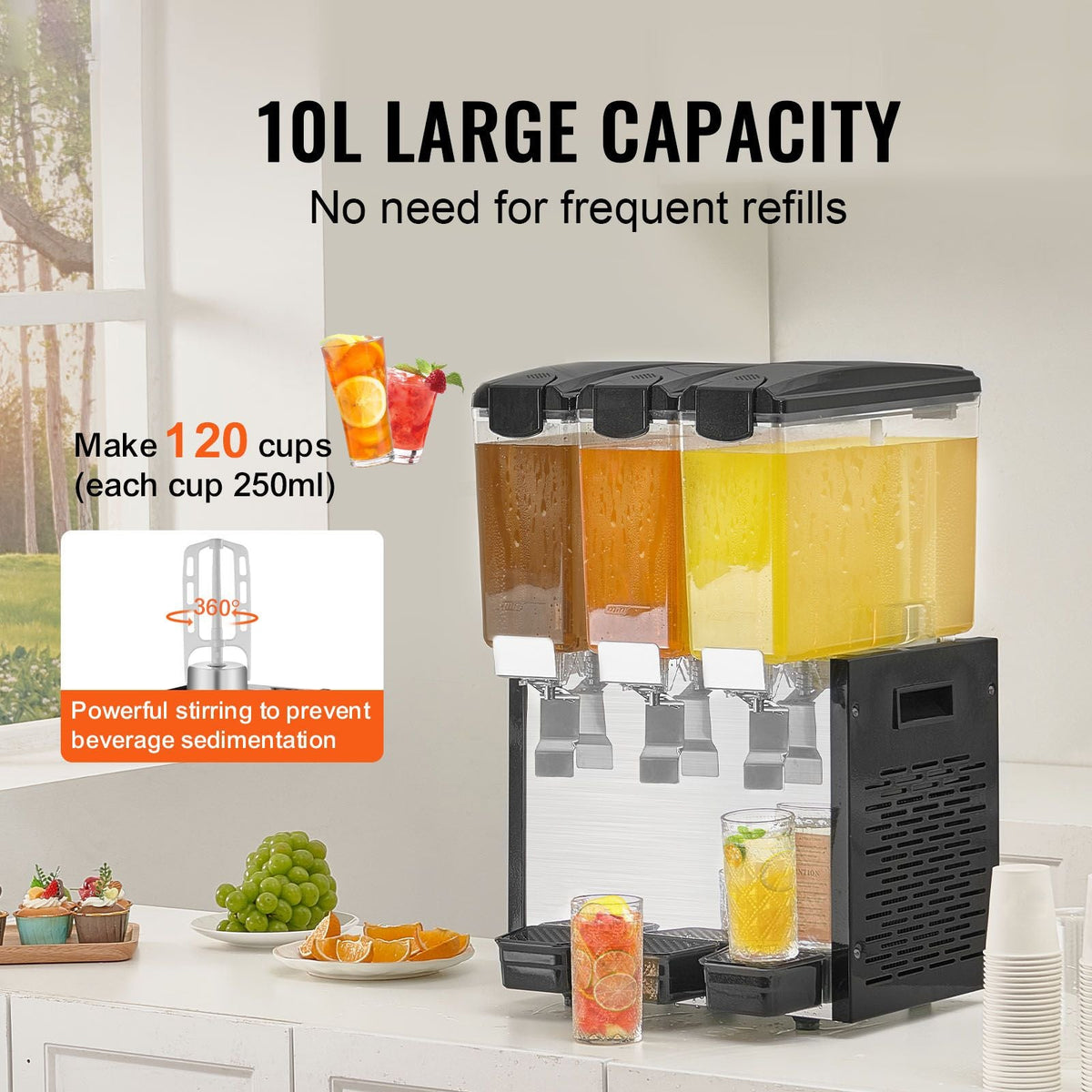 Commercial Beverage Dispenser, 3 Tanks 10 L / 10.6 QT Per Tank Juice Dispenser, 440W Stainless Steel Ice Tea Drink Machine with 45 Fahrenheit -54 Fahrenheit Cooling Temperature