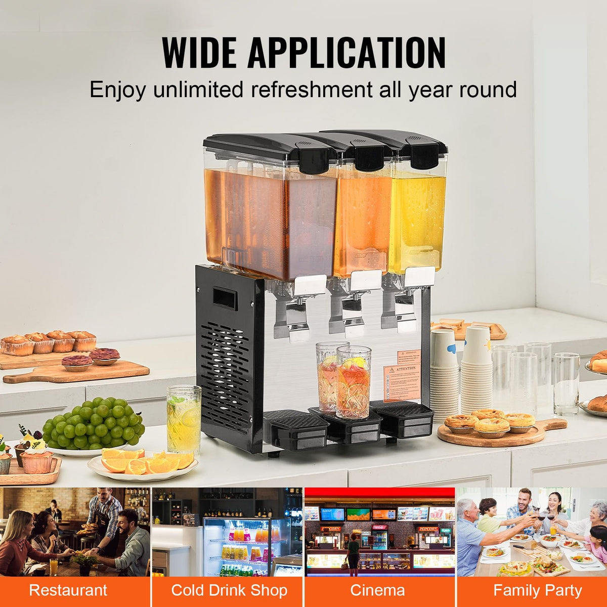 Commercial Beverage Dispenser, 3 Tanks 10 L / 10.6 QT Per Tank Juice Dispenser, 440W Stainless Steel Ice Tea Drink Machine with 45 Fahrenheit -54 Fahrenheit Cooling Temperature