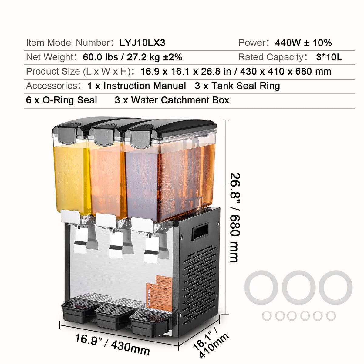 Commercial Beverage Dispenser, 3 Tanks 10 L / 10.6 QT Per Tank Juice Dispenser, 440W Stainless Steel Ice Tea Drink Machine with 45 Fahrenheit -54 Fahrenheit Cooling Temperature