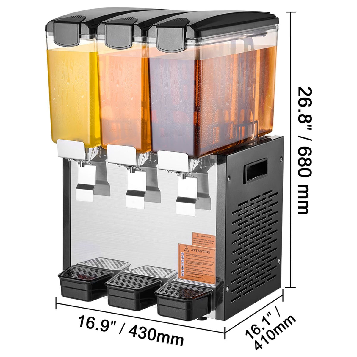 Commercial Beverage Dispenser, 3 Tanks 10 L / 10.6 QT Per Tank Juice Dispenser, 440W Stainless Steel Ice Tea Drink Machine with 45 Fahrenheit -54 Fahrenheit Cooling Temperature