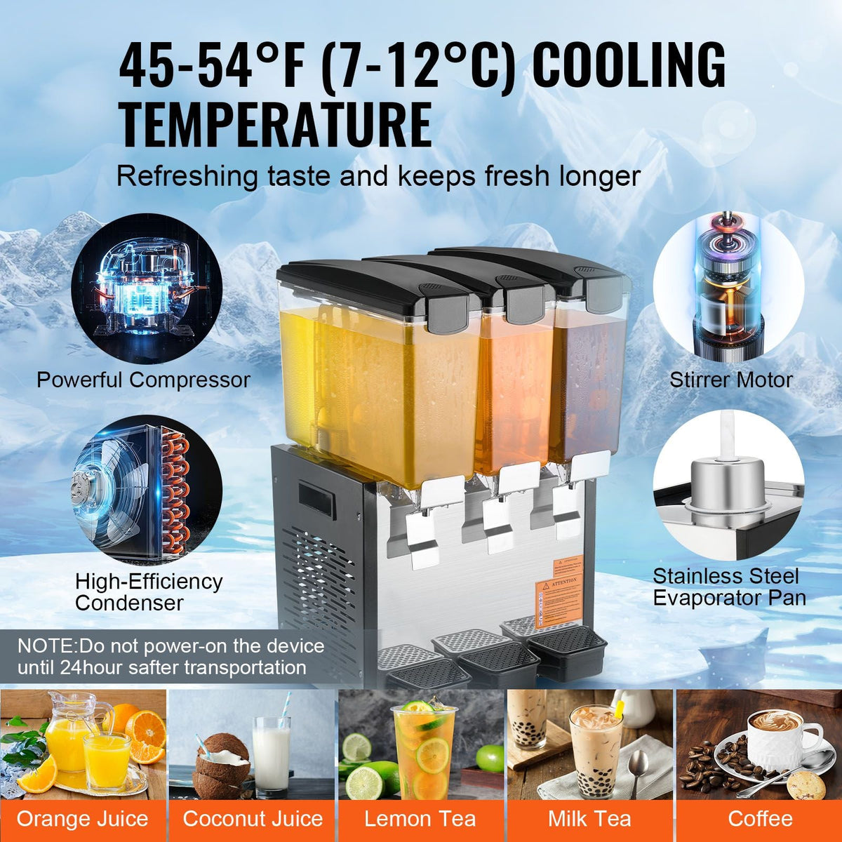 Commercial Beverage Dispenser, 3 Tanks 10 L / 10.6 QT Per Tank Juice Dispenser, 440W Stainless Steel Ice Tea Drink Machine with 45 Fahrenheit -54 Fahrenheit Cooling Temperature