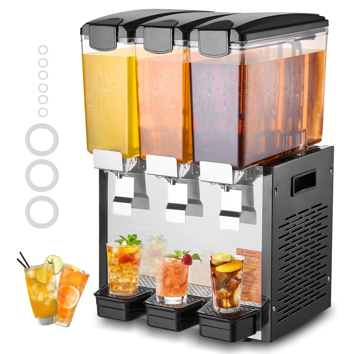 Commercial Beverage Dispenser, 3 Tanks 10 L / 10.6 QT Per Tank Juice Dispenser, 440W Stainless Steel Ice Tea Drink Machine with 45 Fahrenheit -54 Fahrenheit Cooling Temperature