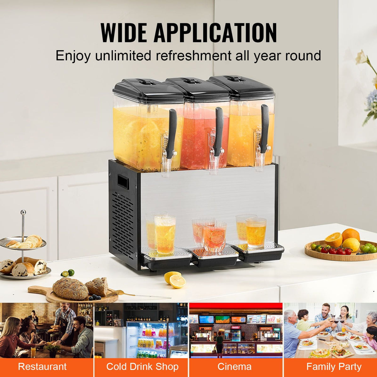 Commercial Beverage Dispenser, 3 Tanks 12 L / 12.7 QT Per Tank Juice Dispenser, 370W Stainless Steel Ice Tea Drink Machine with 45 Fahrenheit -54 Fahrenheit Cooling Temperature