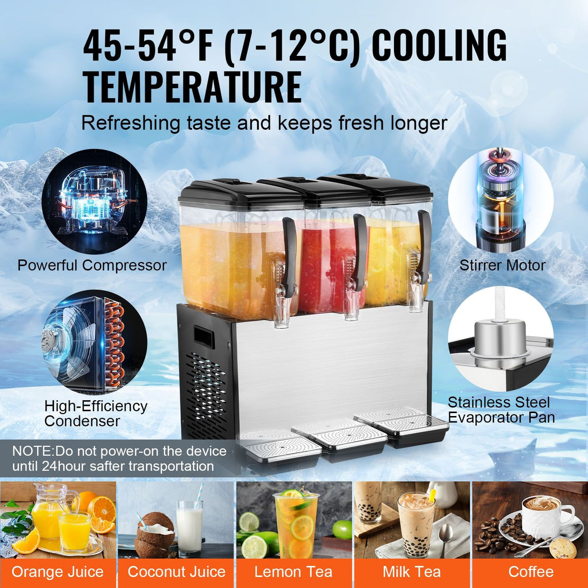 Commercial Beverage Dispenser, 3 Tanks 12 L / 12.7 QT Per Tank Juice Dispenser, 370W Stainless Steel Ice Tea Drink Machine with 45 Fahrenheit -54 Fahrenheit Cooling Temperature