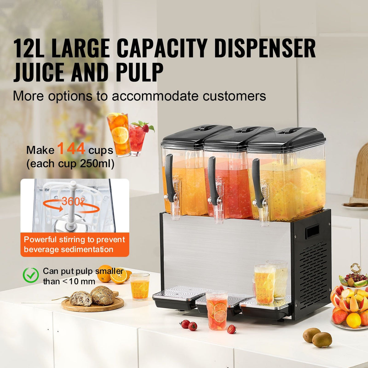 Commercial Beverage Dispenser, 3 Tanks 12 L / 12.7 QT Per Tank Juice Dispenser, 370W Stainless Steel Ice Tea Drink Machine with 45 Fahrenheit -54 Fahrenheit Cooling Temperature