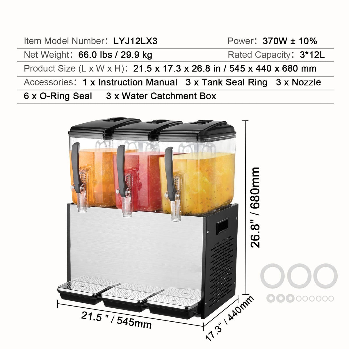 Commercial Beverage Dispenser, 3 Tanks 12 L / 12.7 QT Per Tank Juice Dispenser, 370W Stainless Steel Ice Tea Drink Machine with 45 Fahrenheit -54 Fahrenheit Cooling Temperature