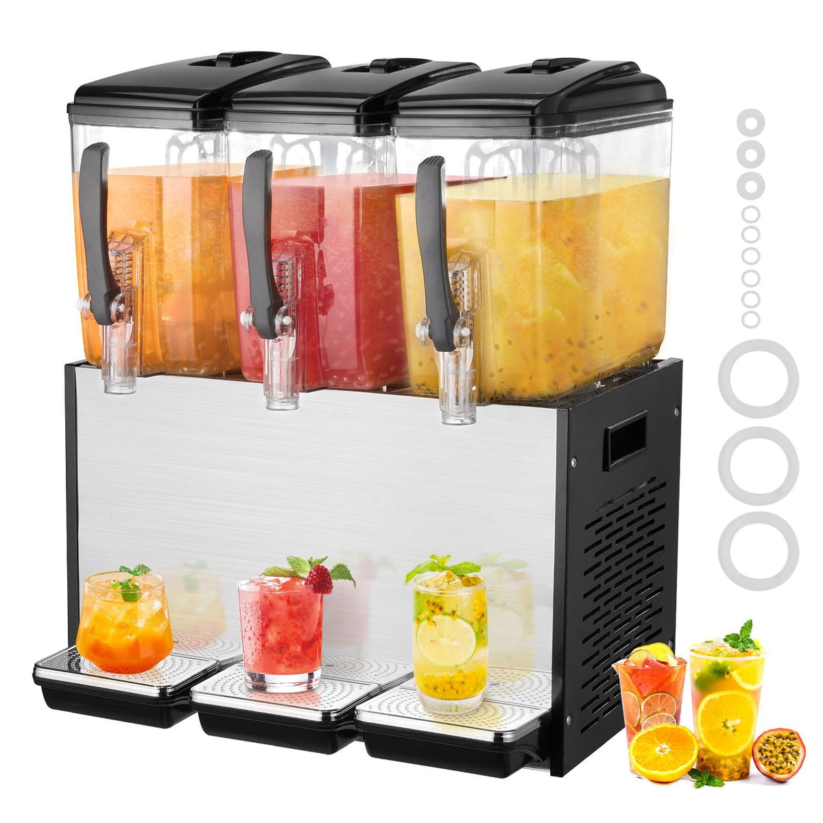 Commercial Beverage Dispenser, 3 Tanks 12 L / 12.7 QT Per Tank Juice Dispenser, 370W Stainless Steel Ice Tea Drink Machine with 45 Fahrenheit -54 Fahrenheit Cooling Temperature