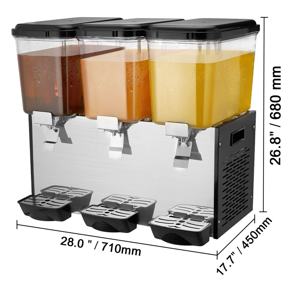 Commercial Beverage Dispenser, 3 Tanks 18 L / 19 QT Per Tank Juice Dispenser, 512W Stainless Steel Ice Tea Drink Machine with 45 Fahrenheit -54 Fahrenheit Cooling Temperature