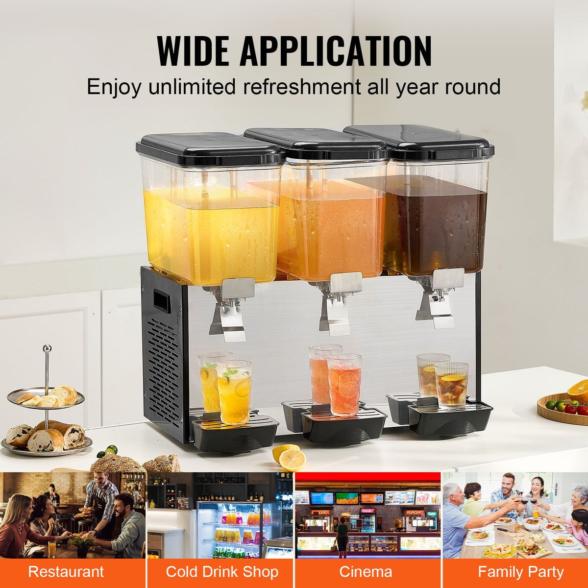 Commercial Beverage Dispenser, 3 Tanks 18 L / 19 QT Per Tank Juice Dispenser, 512W Stainless Steel Ice Tea Drink Machine with 45 Fahrenheit -54 Fahrenheit Cooling Temperature