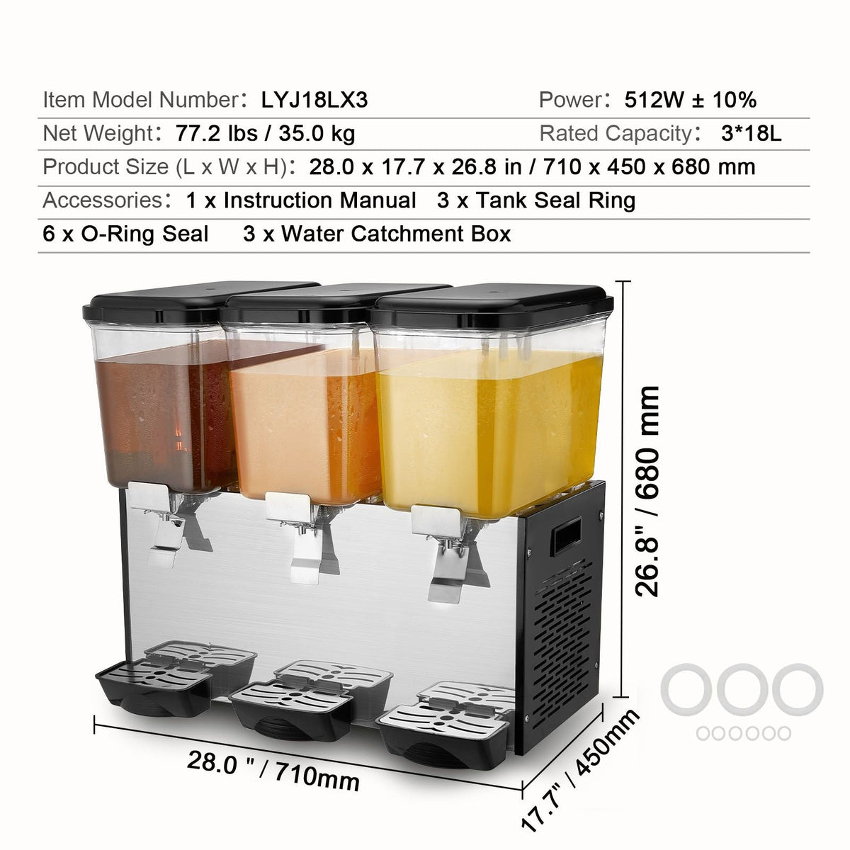 Commercial Beverage Dispenser, 3 Tanks 18 L / 19 QT Per Tank Juice Dispenser, 512W Stainless Steel Ice Tea Drink Machine with 45 Fahrenheit -54 Fahrenheit Cooling Temperature