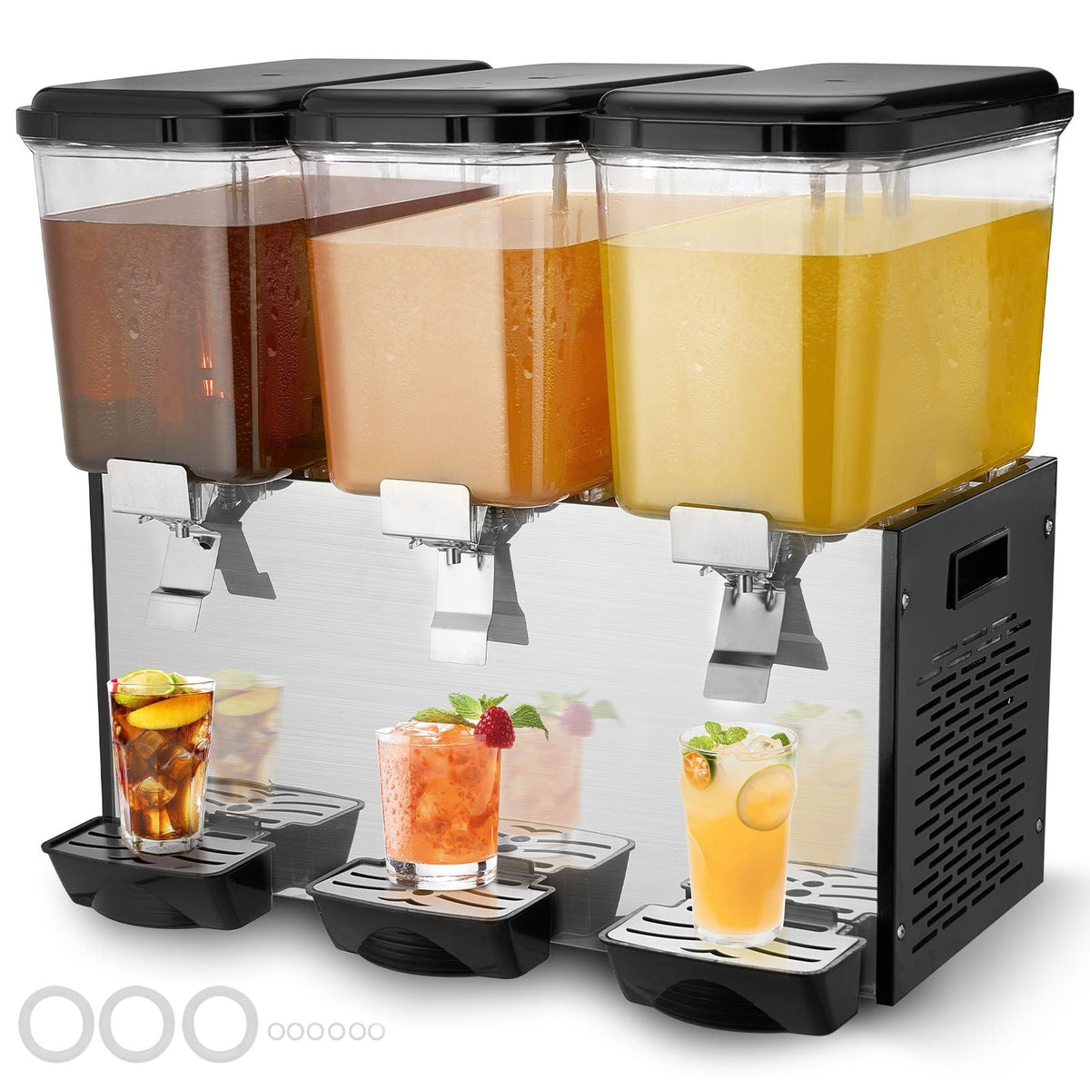 Commercial Beverage Dispenser, 3 Tanks 18 L / 19 QT Per Tank Juice Dispenser, 512W Stainless Steel Ice Tea Drink Machine with 45 Fahrenheit -54 Fahrenheit Cooling Temperature