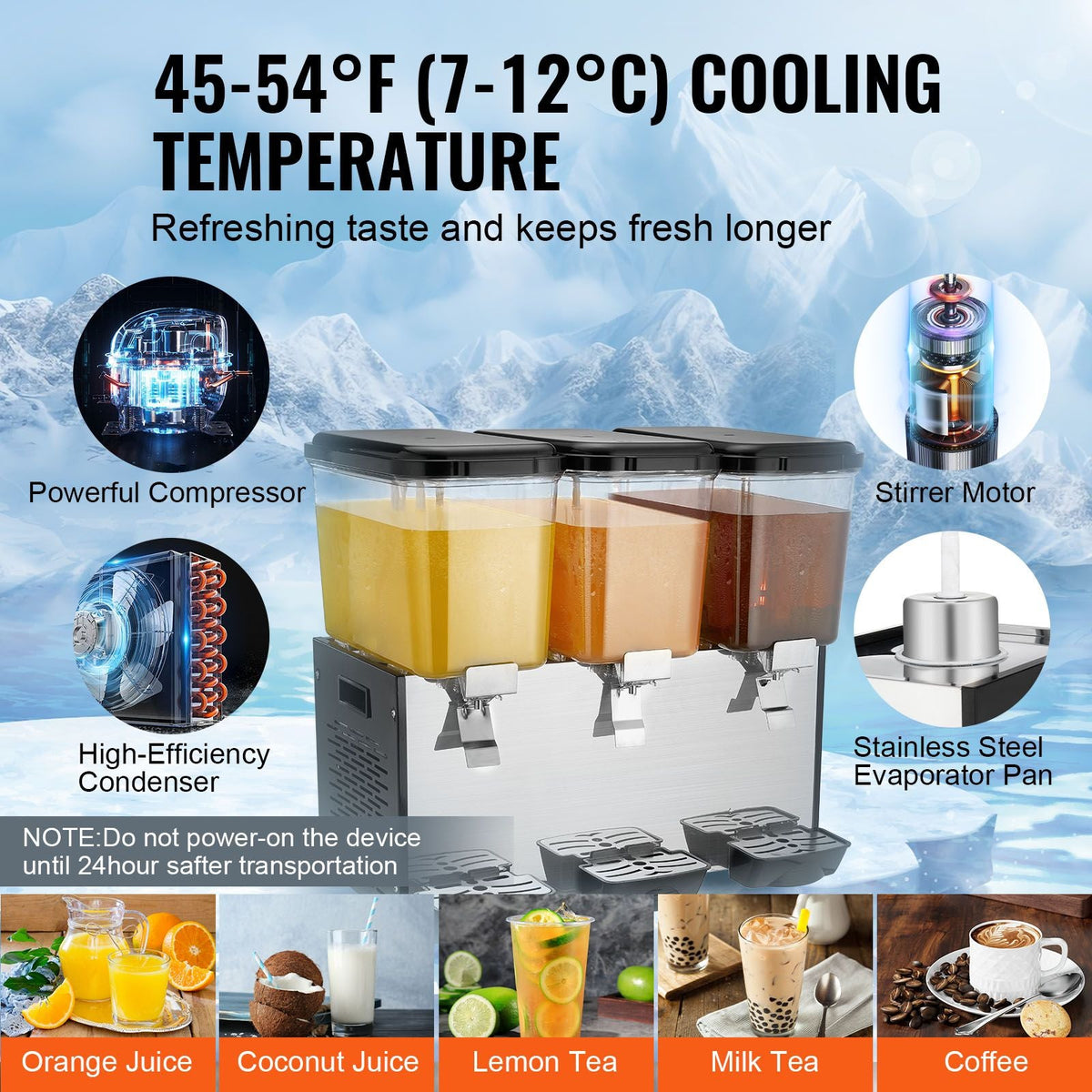 Commercial Beverage Dispenser, 3 Tanks 18 L / 19 QT Per Tank Juice Dispenser, 512W Stainless Steel Ice Tea Drink Machine with 45 Fahrenheit -54 Fahrenheit Cooling Temperature