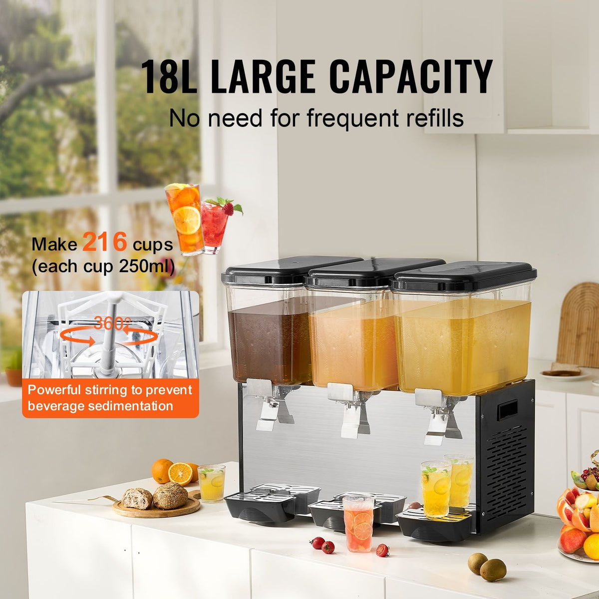 Commercial Beverage Dispenser, 3 Tanks 18 L / 19 QT Per Tank Juice Dispenser, 512W Stainless Steel Ice Tea Drink Machine with 45 Fahrenheit -54 Fahrenheit Cooling Temperature