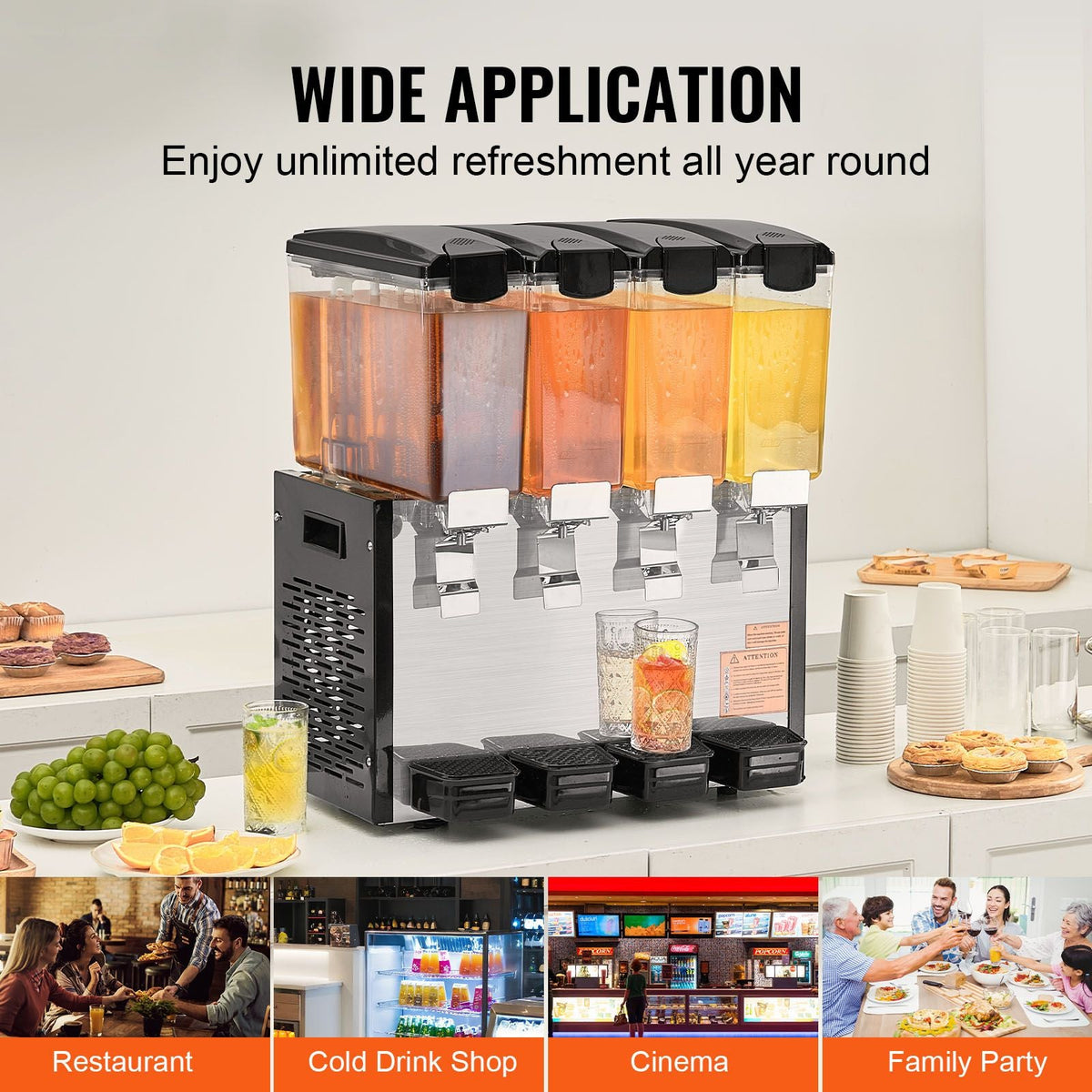 Commercial Beverage Dispenser, 4 Tanks 10 L / 10.6 QT Per Tank Juice Dispenser, 430W Stainless Steel Ice Tea Drink Machine with 45 Fahrenheit -54 Fahrenheit Cooling Temperature