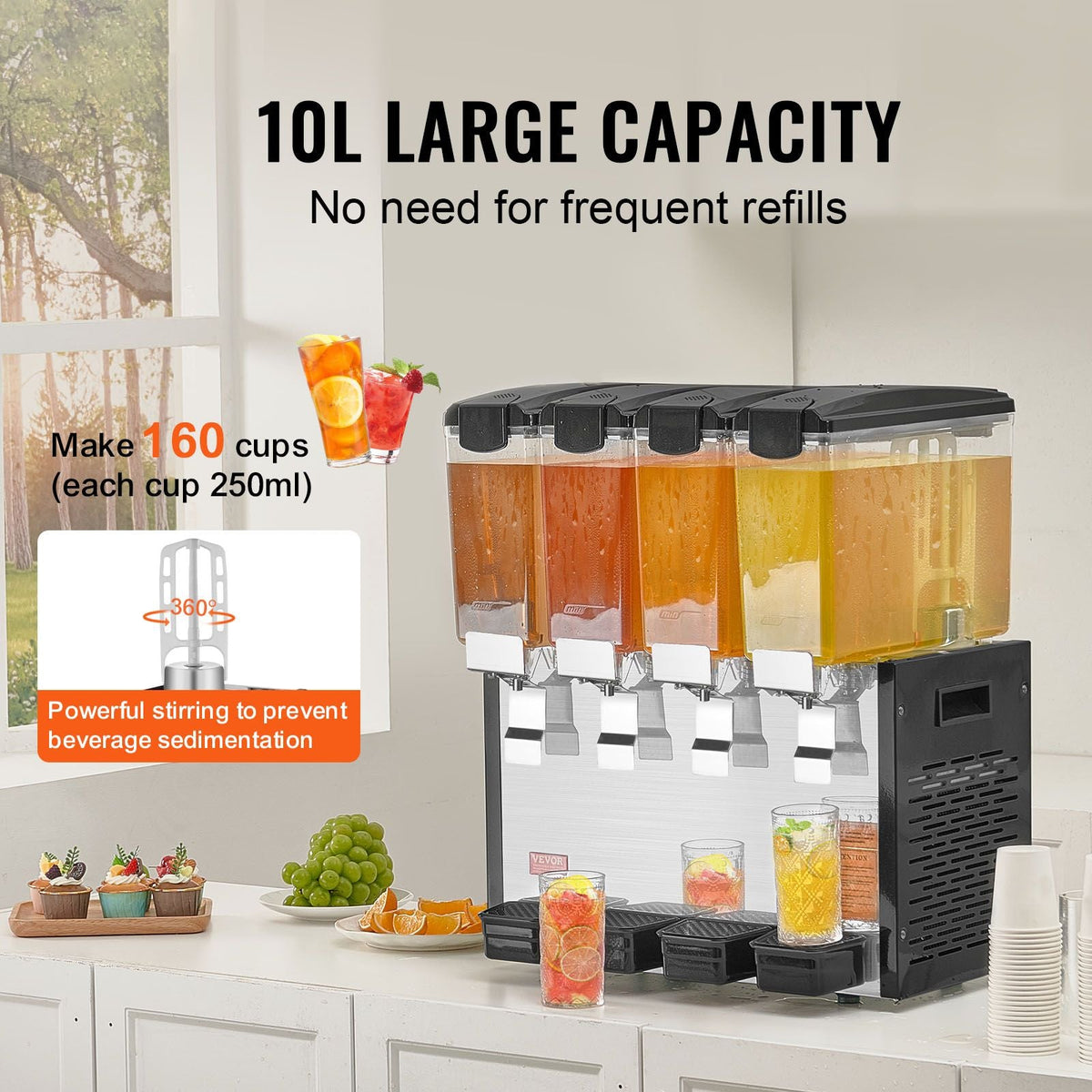 Commercial Beverage Dispenser, 4 Tanks 10 L / 10.6 QT Per Tank Juice Dispenser, 430W Stainless Steel Ice Tea Drink Machine with 45 Fahrenheit -54 Fahrenheit Cooling Temperature