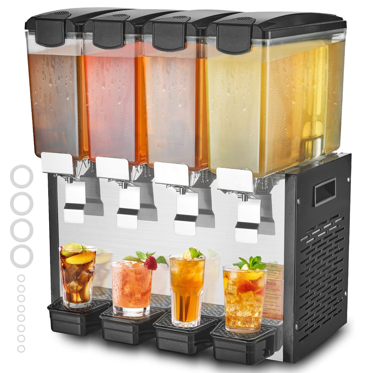 Commercial Beverage Dispenser, 4 Tanks 10 L / 10.6 QT Per Tank Juice Dispenser, 430W Stainless Steel Ice Tea Drink Machine with 45 Fahrenheit -54 Fahrenheit Cooling Temperature
