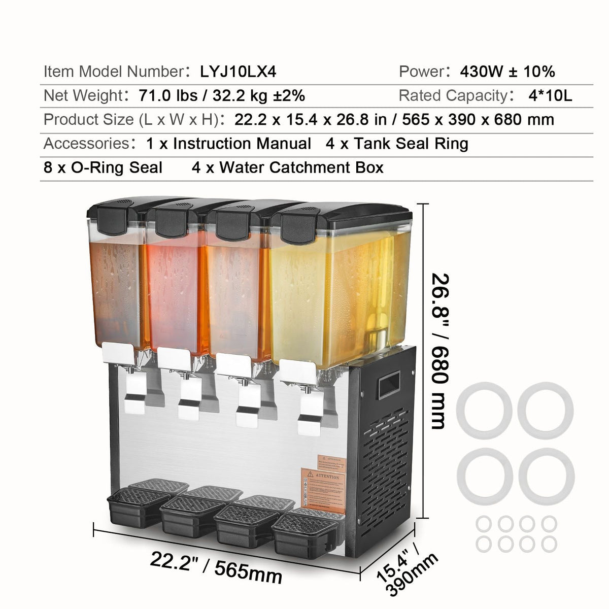 Commercial Beverage Dispenser, 4 Tanks 10 L / 10.6 QT Per Tank Juice Dispenser, 430W Stainless Steel Ice Tea Drink Machine with 45 Fahrenheit -54 Fahrenheit Cooling Temperature
