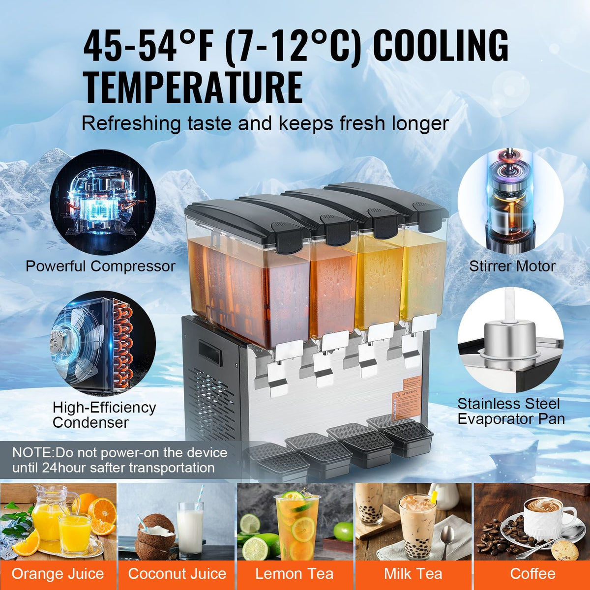 Commercial Beverage Dispenser, 4 Tanks 10 L / 10.6 QT Per Tank Juice Dispenser, 430W Stainless Steel Ice Tea Drink Machine with 45 Fahrenheit -54 Fahrenheit Cooling Temperature