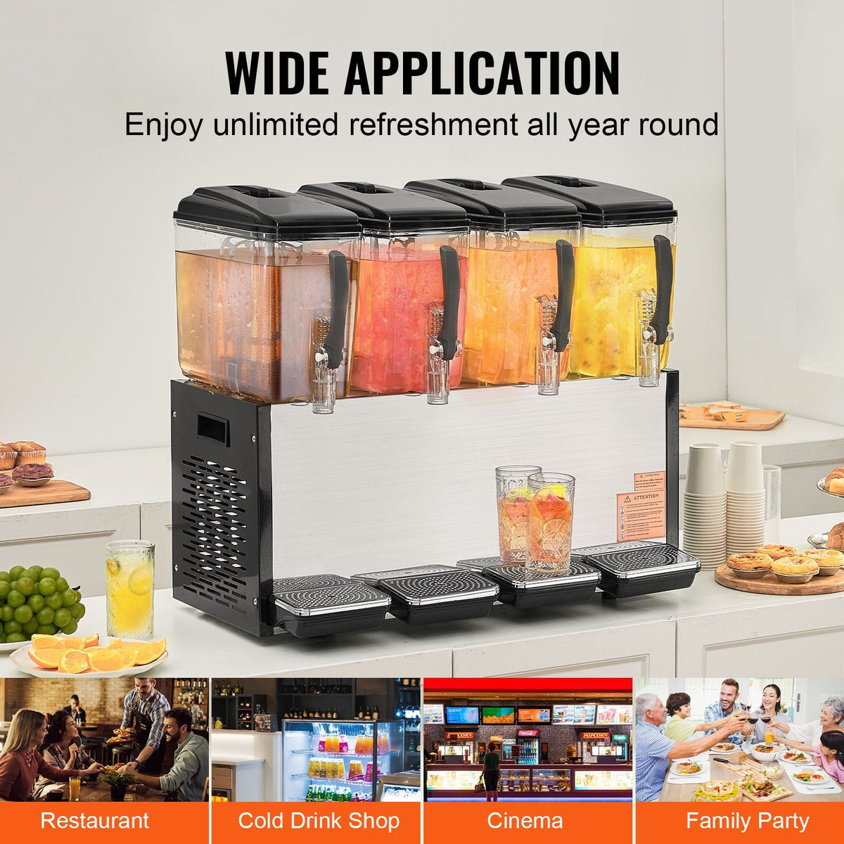 Commercial Beverage Dispenser, 4 Tanks 12 L / 12.7 QT Per Tank Juice Dispenser, 510W Stainless Steel Ice Tea Drink Machine with 45 Fahrenheit -54 Fahrenheit Cooling Temperature