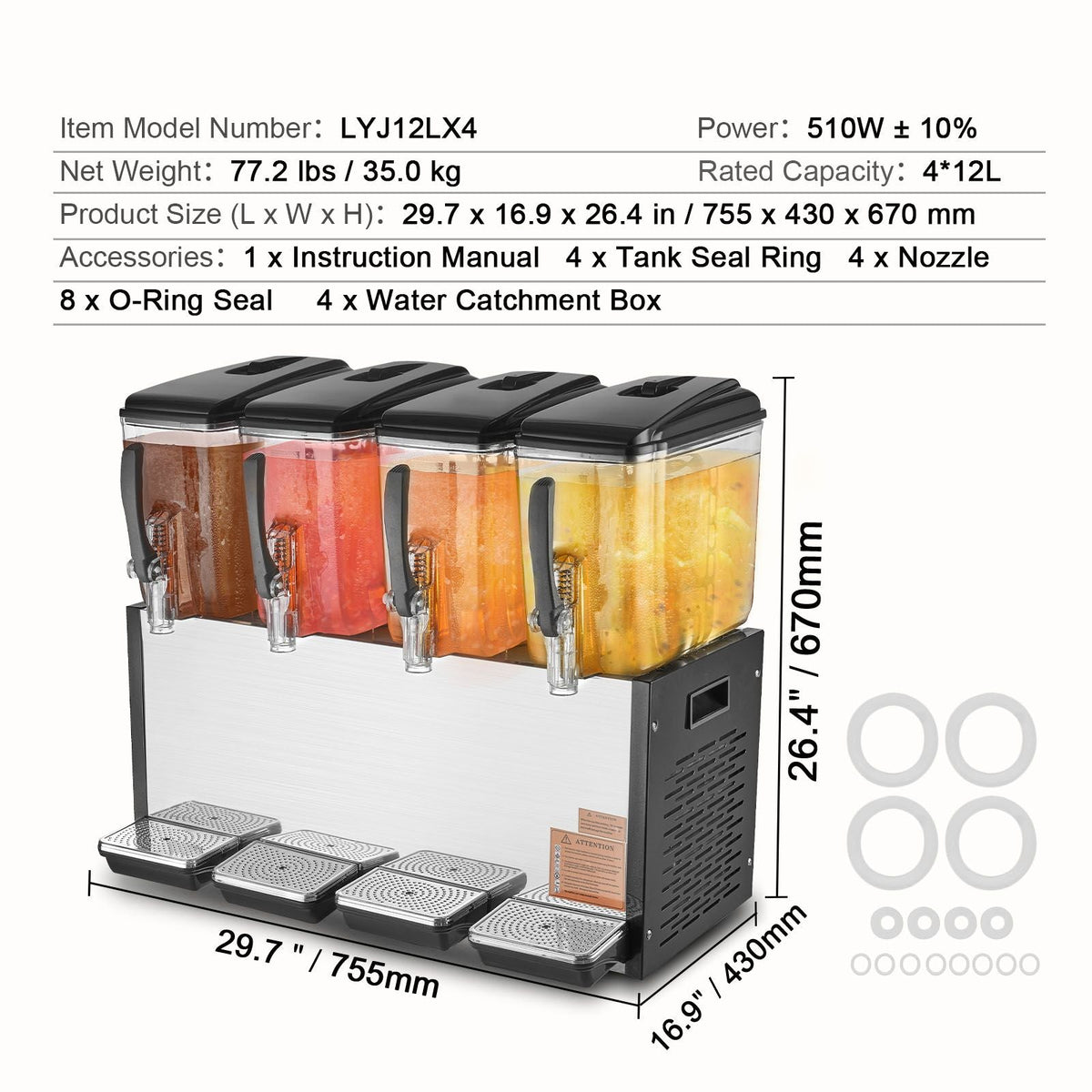 Commercial Beverage Dispenser, 4 Tanks 12 L / 12.7 QT Per Tank Juice Dispenser, 510W Stainless Steel Ice Tea Drink Machine with 45 Fahrenheit -54 Fahrenheit Cooling Temperature