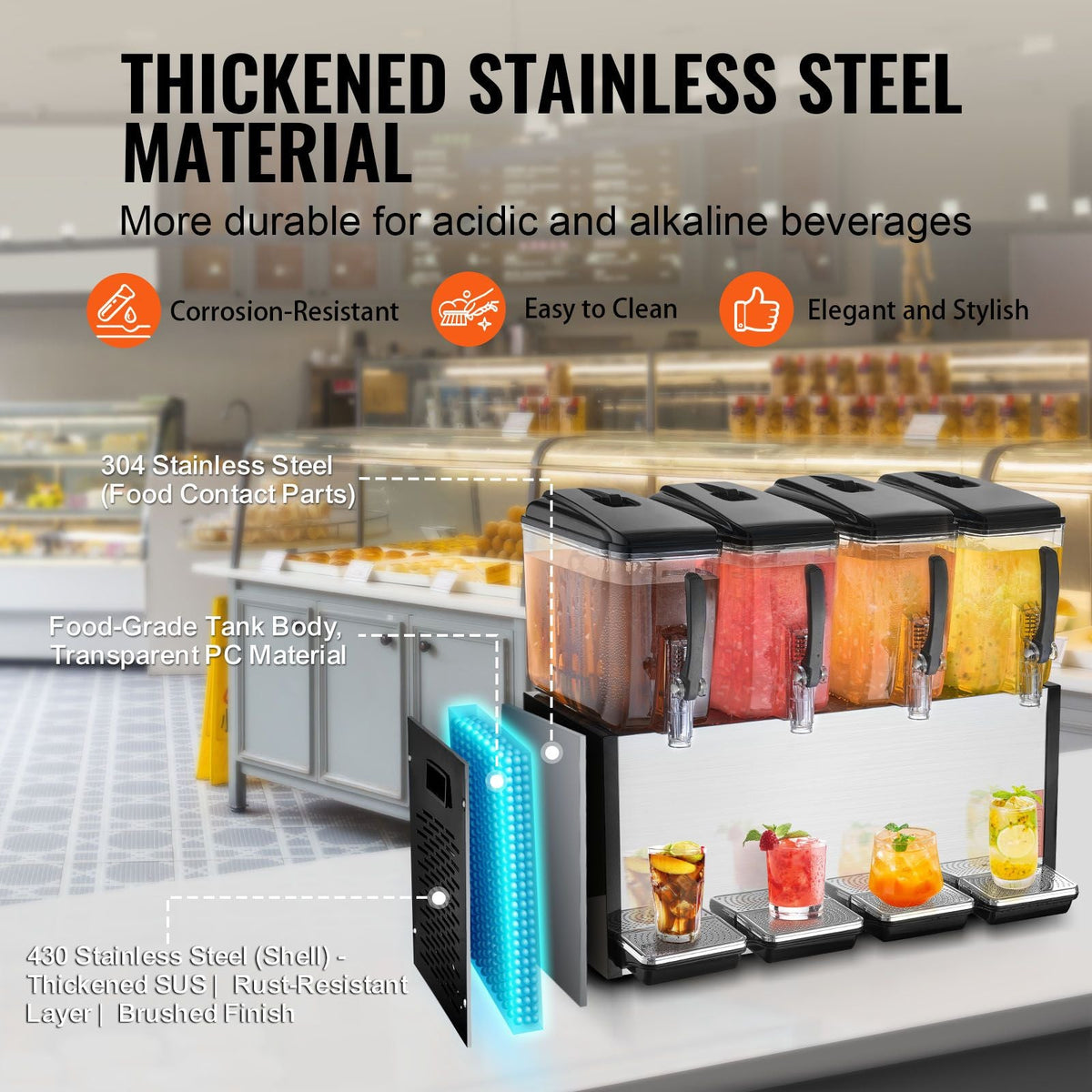 Commercial Beverage Dispenser, 4 Tanks 12 L / 12.7 QT Per Tank Juice Dispenser, 510W Stainless Steel Ice Tea Drink Machine with 45 Fahrenheit -54 Fahrenheit Cooling Temperature