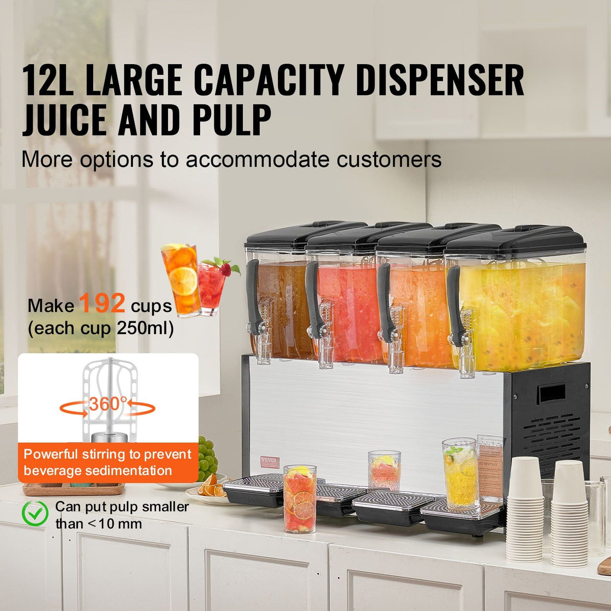 Commercial Beverage Dispenser, 4 Tanks 12 L / 12.7 QT Per Tank Juice Dispenser, 510W Stainless Steel Ice Tea Drink Machine with 45 Fahrenheit -54 Fahrenheit Cooling Temperature