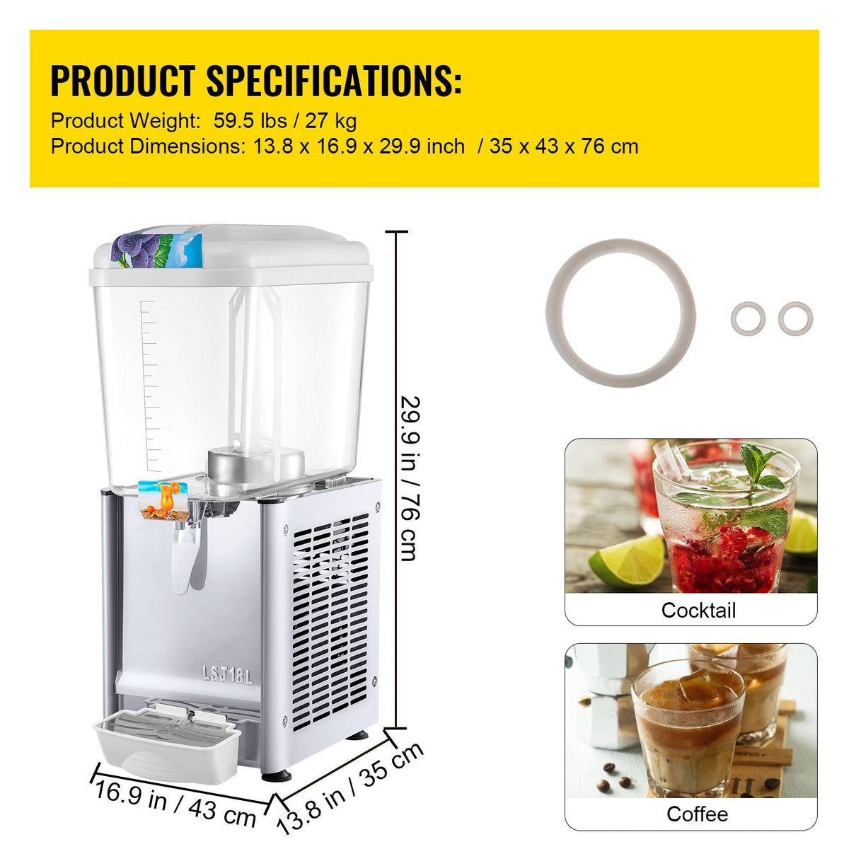 Commercial Beverage Dispenser, 4.8 Gallon 1 Tank Cold Beverage Dispenser, 200W Food Grade Material Stainless Steel Commercial Juice Dispenser With Thermostat Controller for Cold Drink